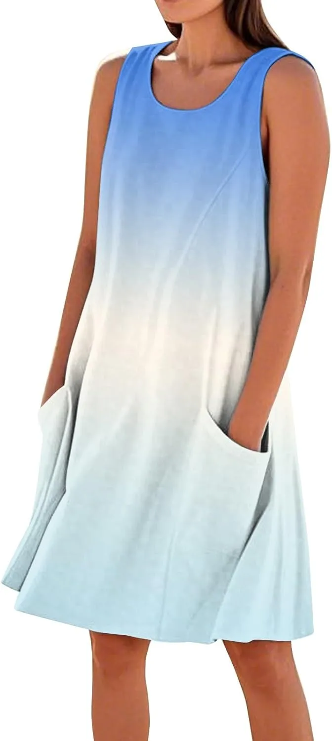 Summer Sleeveless Dresses for Women Loose Fit Beach Vacation Tank Dress Casual Flowy Midi Sundresses with Pockets