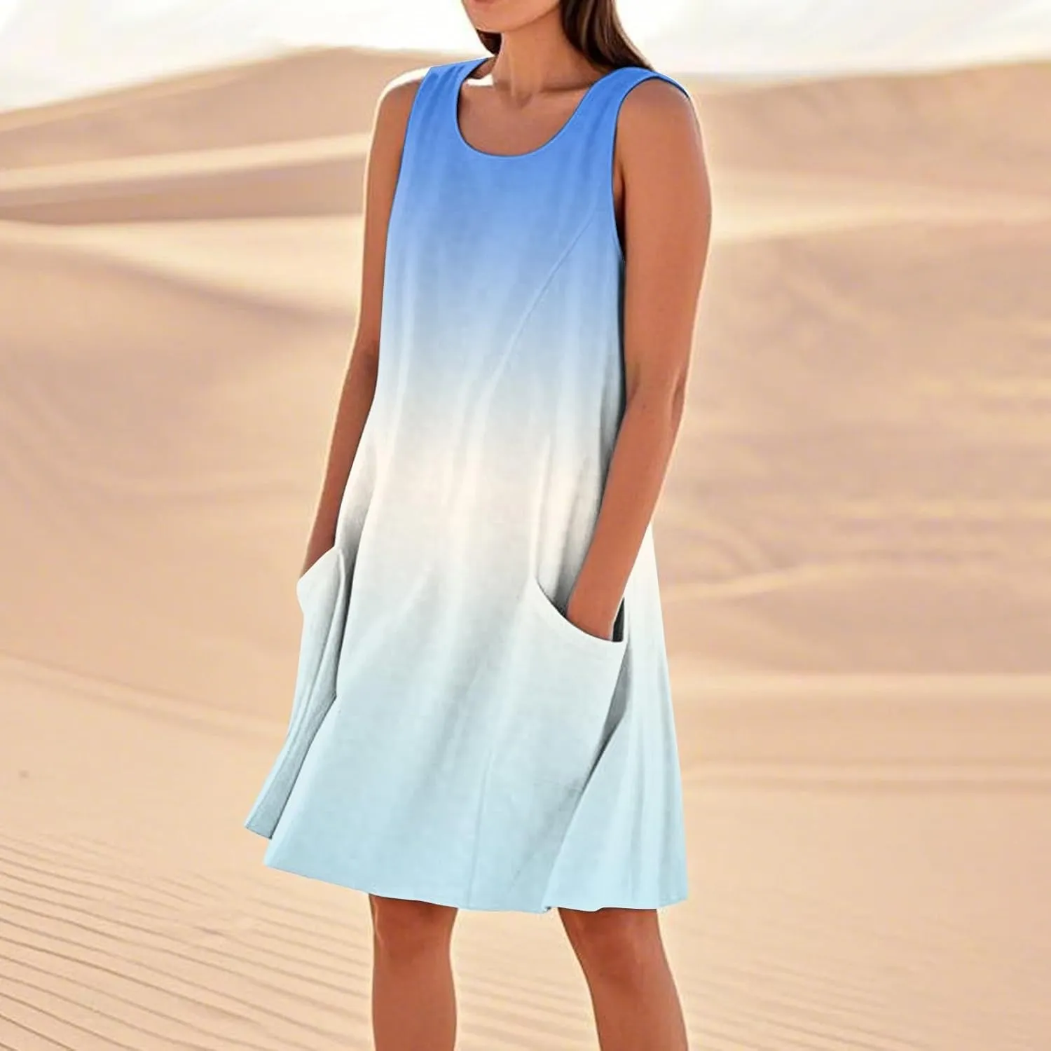 Summer Sleeveless Dresses for Women Loose Fit Beach Vacation Tank Dress Casual Flowy Midi Sundresses with Pockets