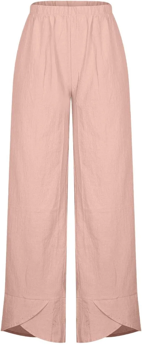 Summer Womens Cotton Linen Pants Plus Size Wide Leg Capri Pants 2025 Lightweight High Waisted Beach Trousers Pockets