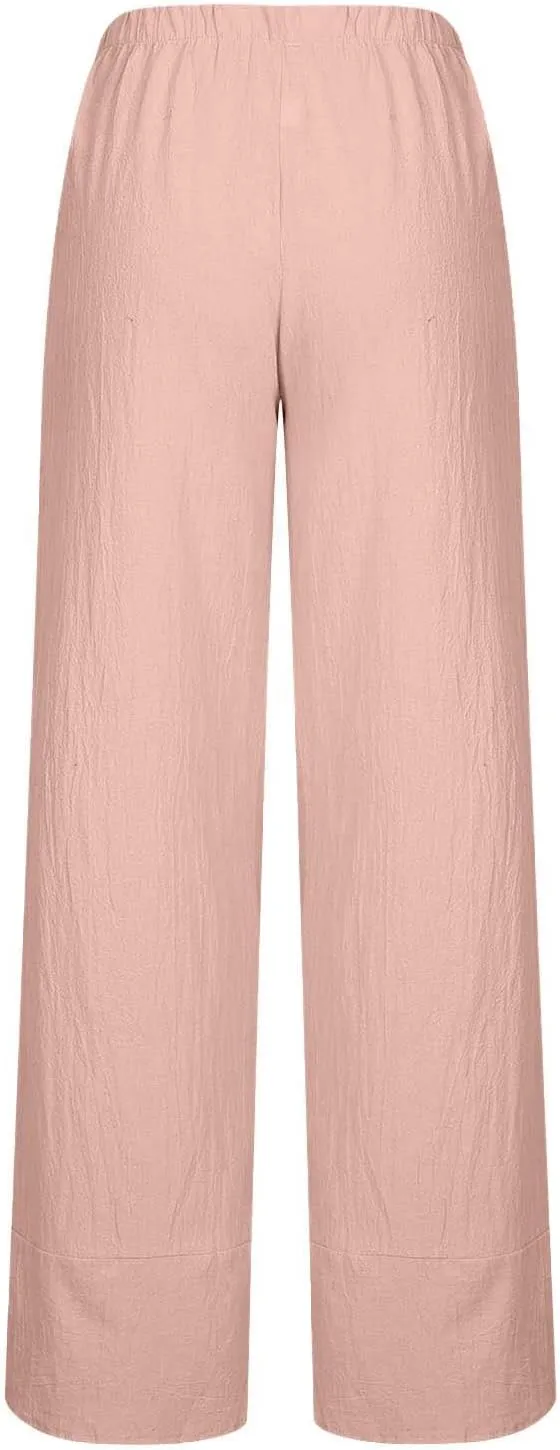 Summer Womens Cotton Linen Pants Plus Size Wide Leg Capri Pants 2025 Lightweight High Waisted Beach Trousers Pockets