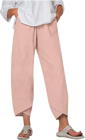 Summer Womens Cotton Linen Pants Plus Size Wide Leg Capri Pants 2025 Lightweight High Waisted Beach Trousers Pockets