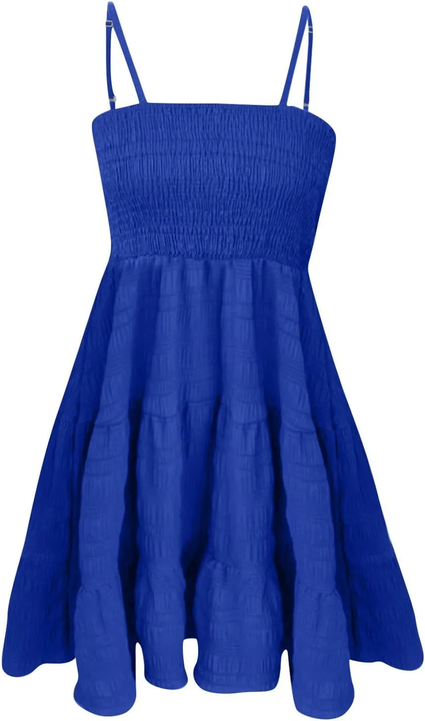 Sundresses for Women 2025 Sleeveless Adjustable Spaghetti Strap Mini Dresses Smocked Tiered A Line Swing Slip Dress