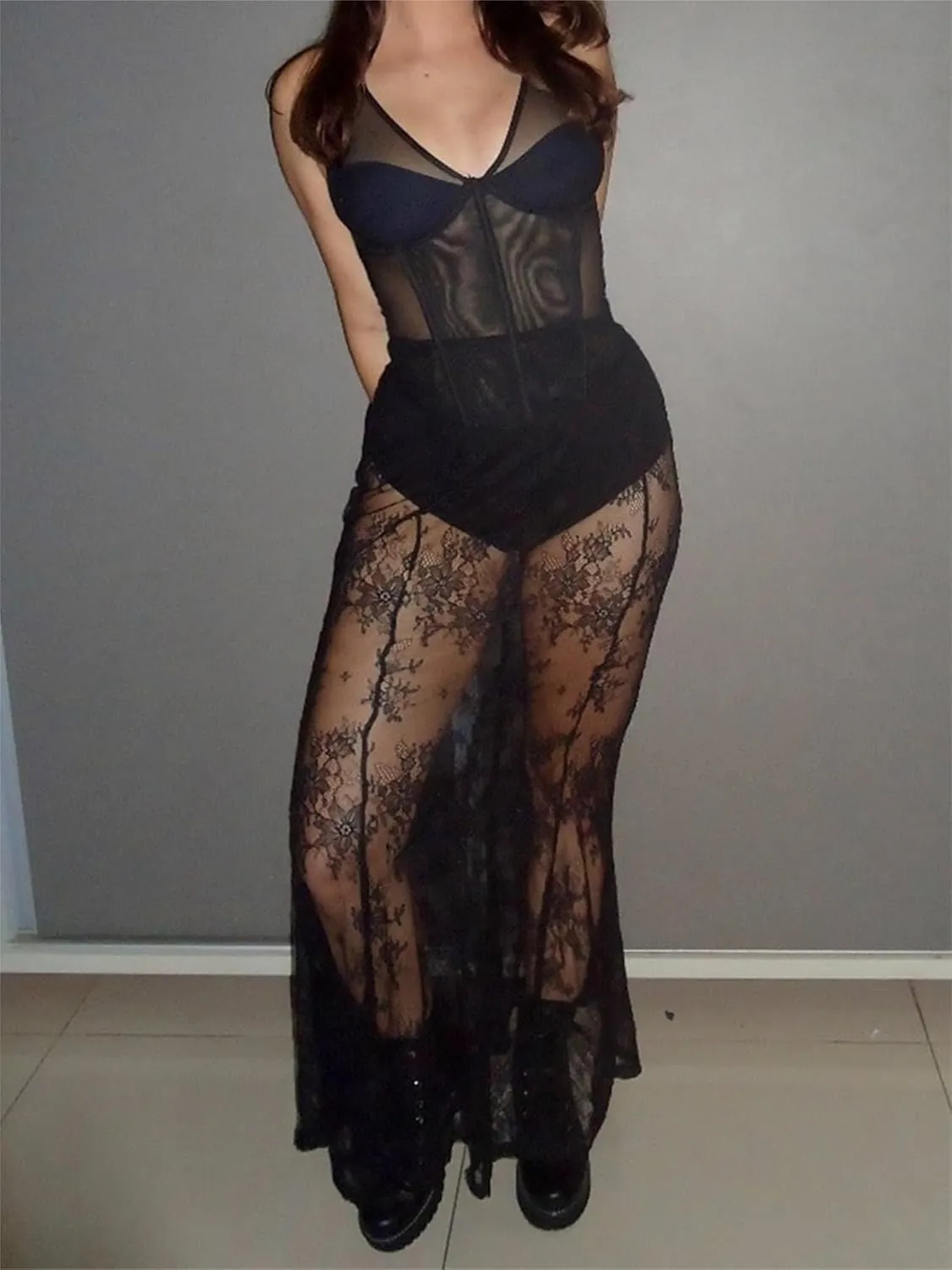 Sunloudy Women Lace See Through Maxi Skirt Sheer Mermaid Long Skirt Elastic Waist Bodycon A Line Flowy Long Skirt Streetwear