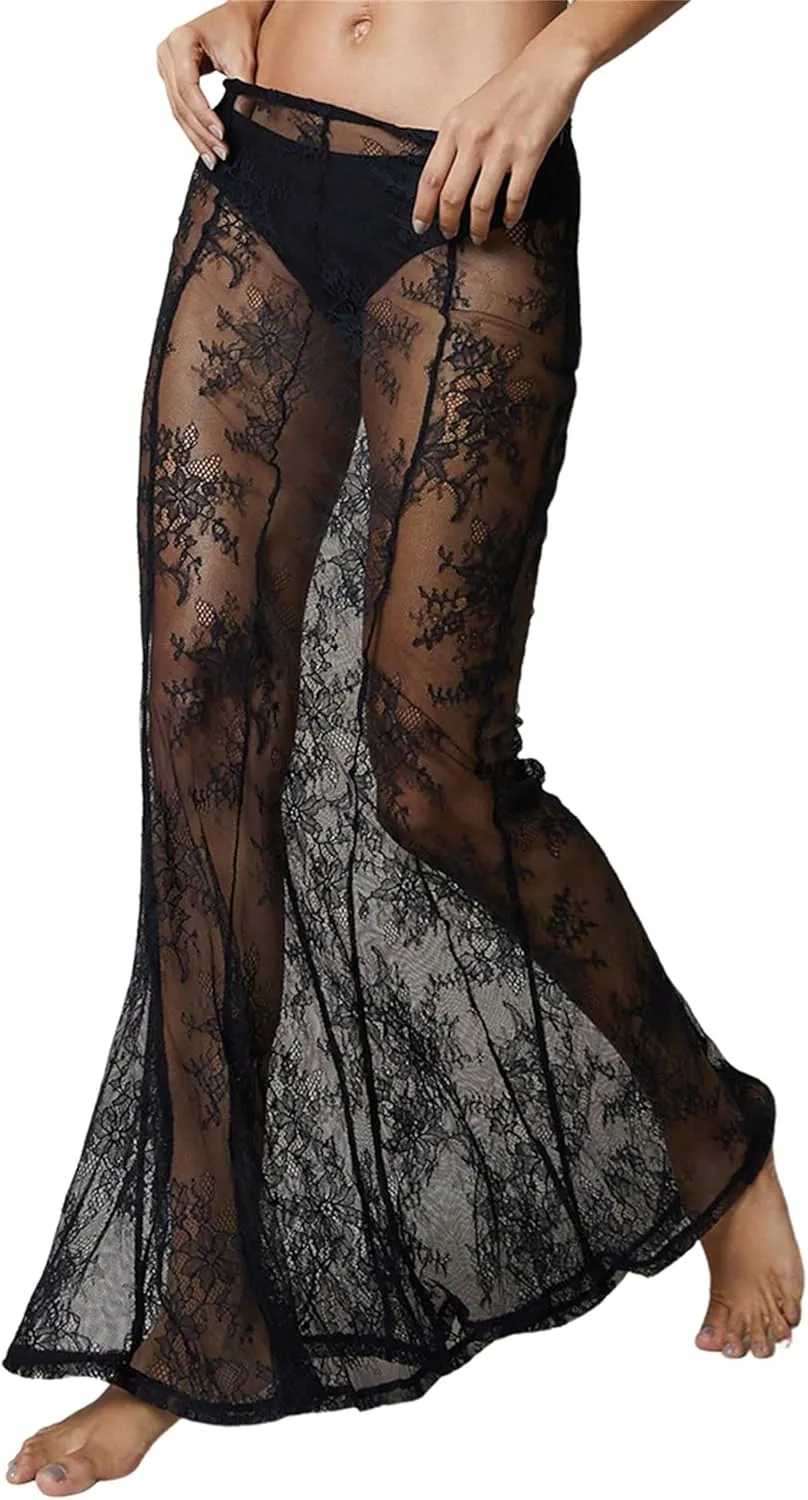 Sunloudy Women Lace See Through Maxi Skirt Sheer Mermaid Long Skirt Elastic Waist Bodycon A Line Flowy Long Skirt Streetwear