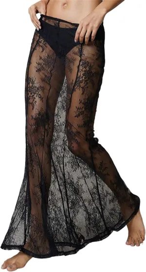Sunloudy Women Lace See Through Maxi Skirt Sheer Mermaid Long Skirt Elastic Waist Bodycon A Line Flowy Long Skirt Streetwear