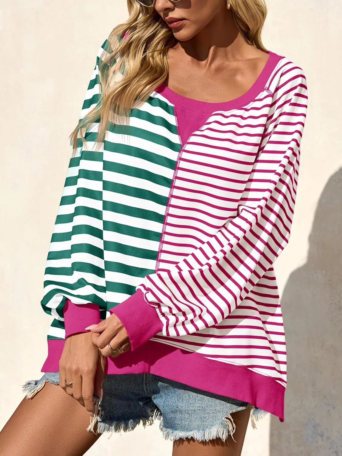 Tankaneo Womens Oversized Sweatshirt Striped Color Block Crew Neck Tops Casual Long Sleeve Tunic Shirts