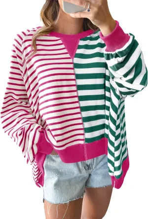 Tankaneo Womens Oversized Sweatshirt Striped Color Block Crew Neck Tops Casual Long Sleeve Tunic Shirts