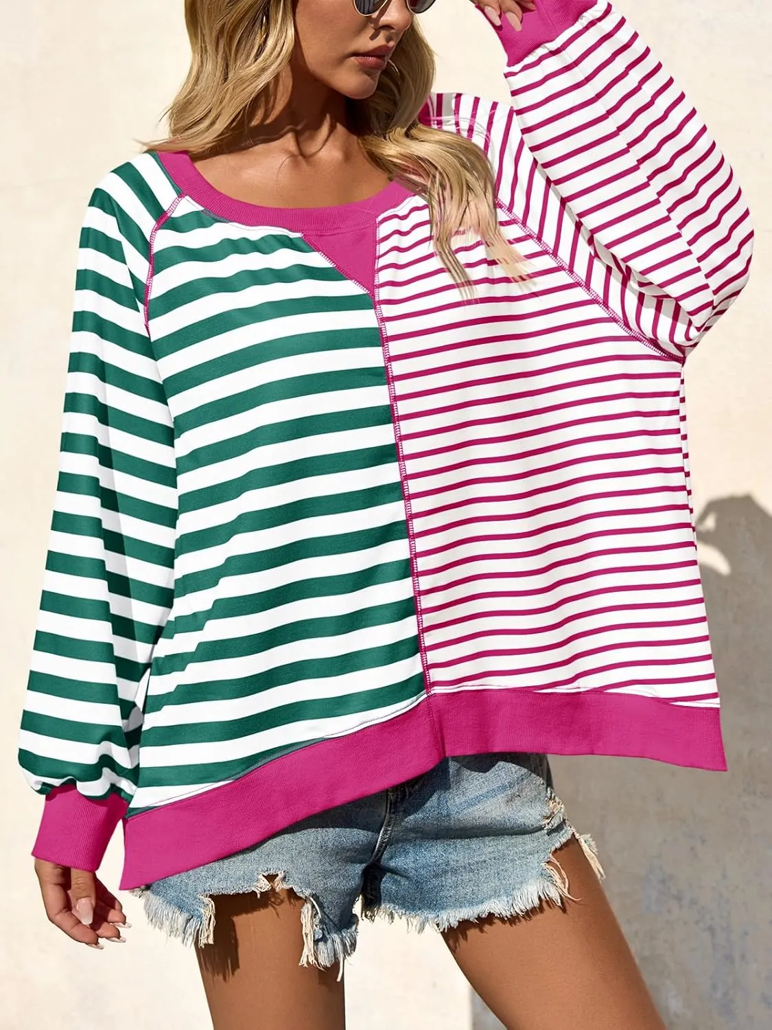 Tankaneo Womens Oversized Sweatshirt Striped Color Block Crew Neck Tops Casual Long Sleeve Tunic Shirts