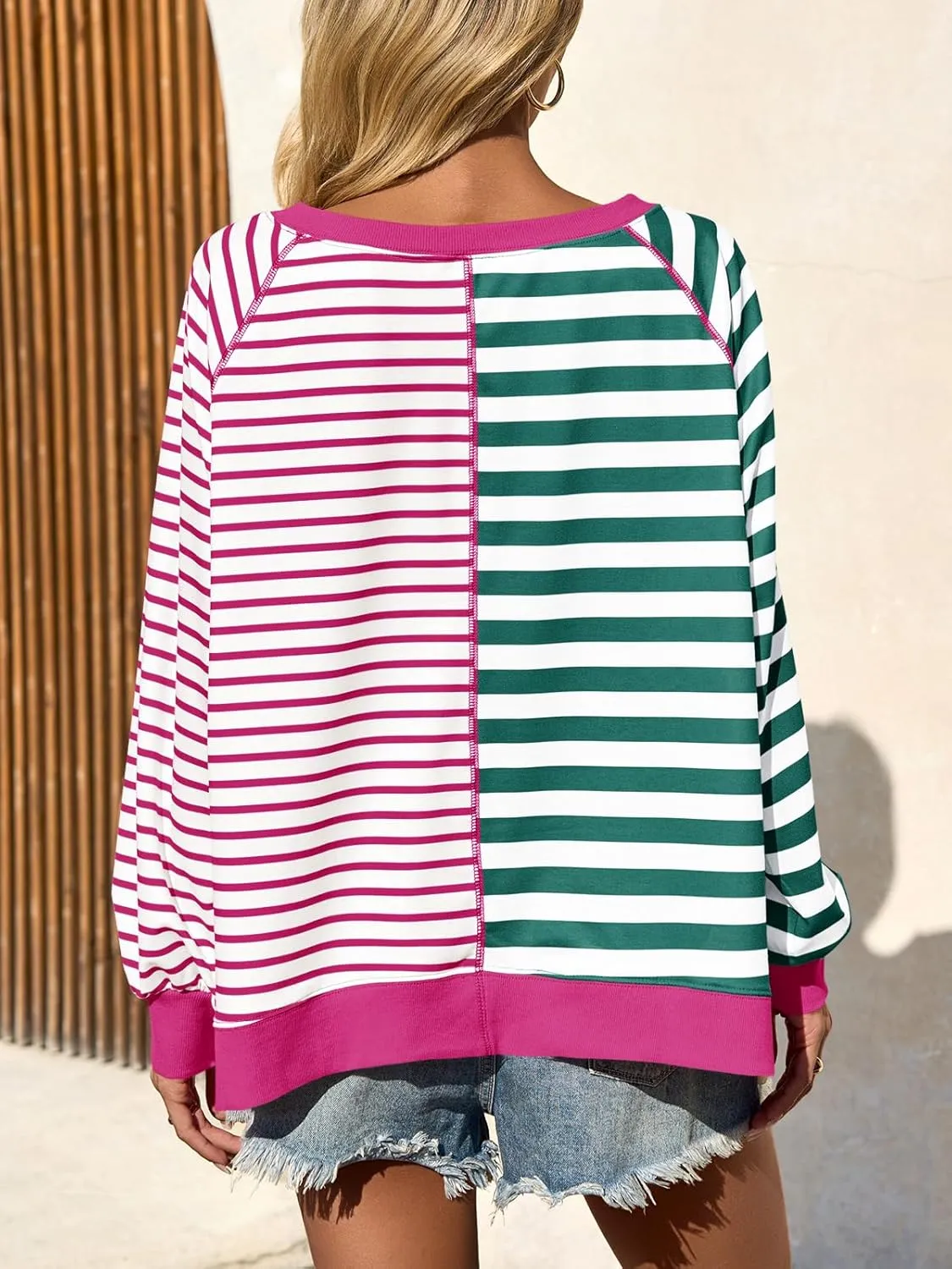 Tankaneo Womens Oversized Sweatshirt Striped Color Block Crew Neck Tops Casual Long Sleeve Tunic Shirts