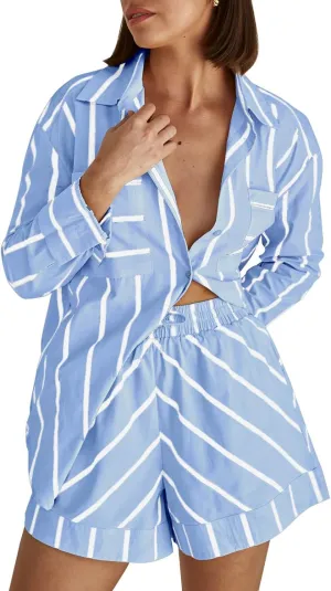 Tankaneo Womens Striped 2 Piece Outfits Button Down Shirts and Shorts Lounge Matching Sets