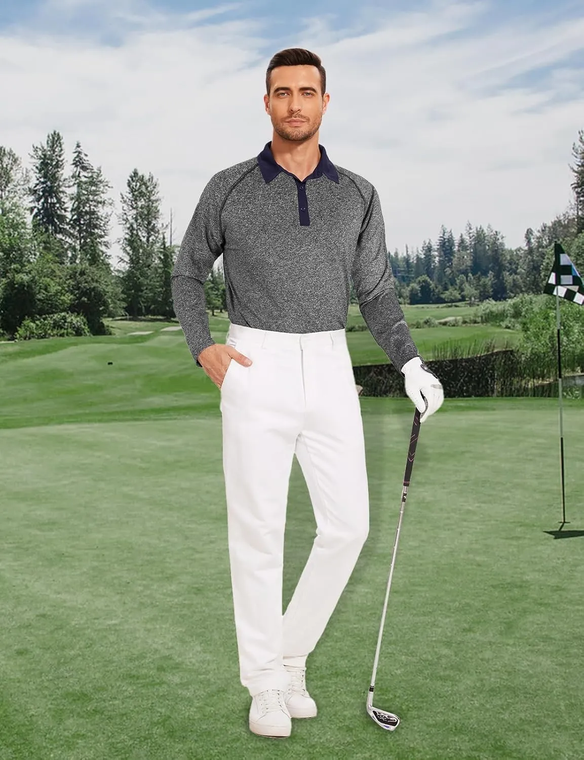 Tanst Sky Mens Polo Shirts 3 Button Quick Dry Performance Long Sleeve Collared Golf Shirt