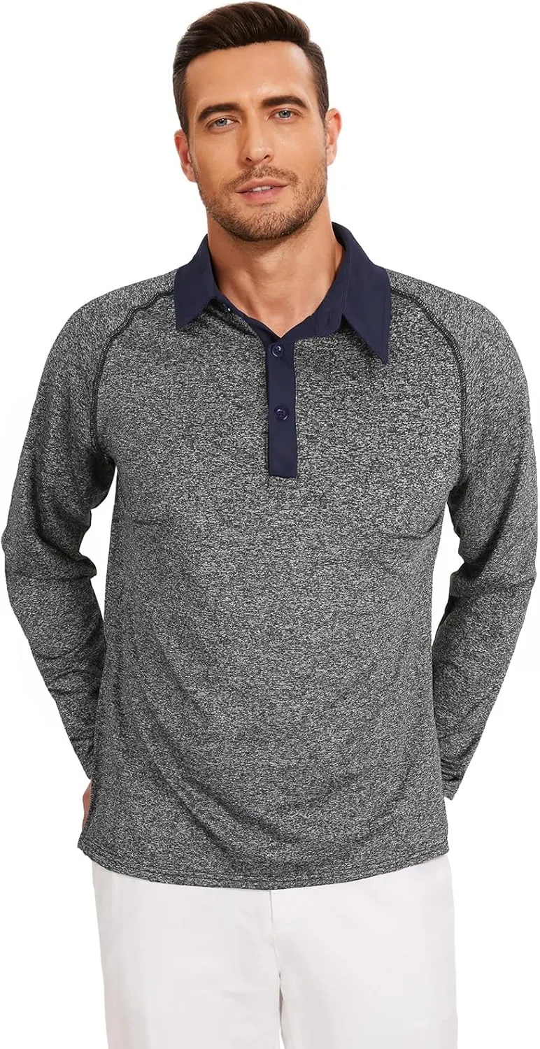 Tanst Sky Mens Polo Shirts 3 Button Quick Dry Performance Long Sleeve Collared Golf Shirt