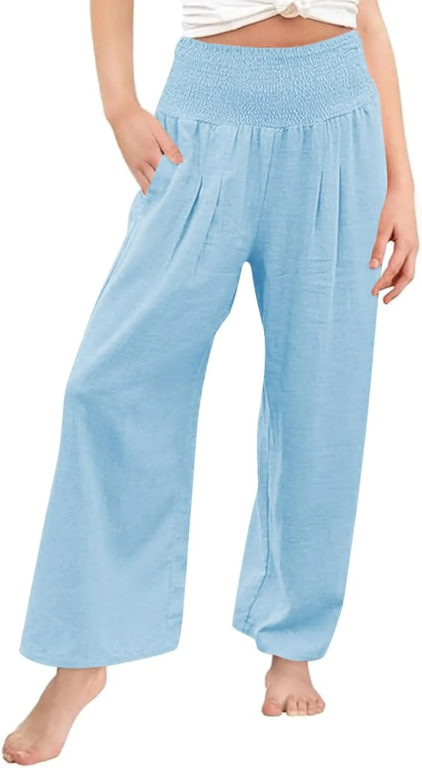 Teen Girls Cotton Linen Palazzo Pants Kids Beach Travel Resort Trousers Summer High Waist Casual Wide Leg Lounge Pant