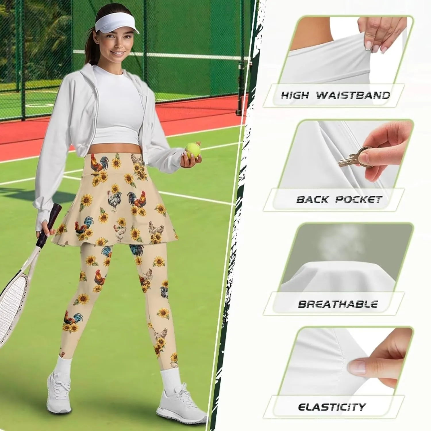 Tennis Skirted Leggings for Women High Waist Skirted Pants with Pockets Pickleball Golf Pants with Skirt