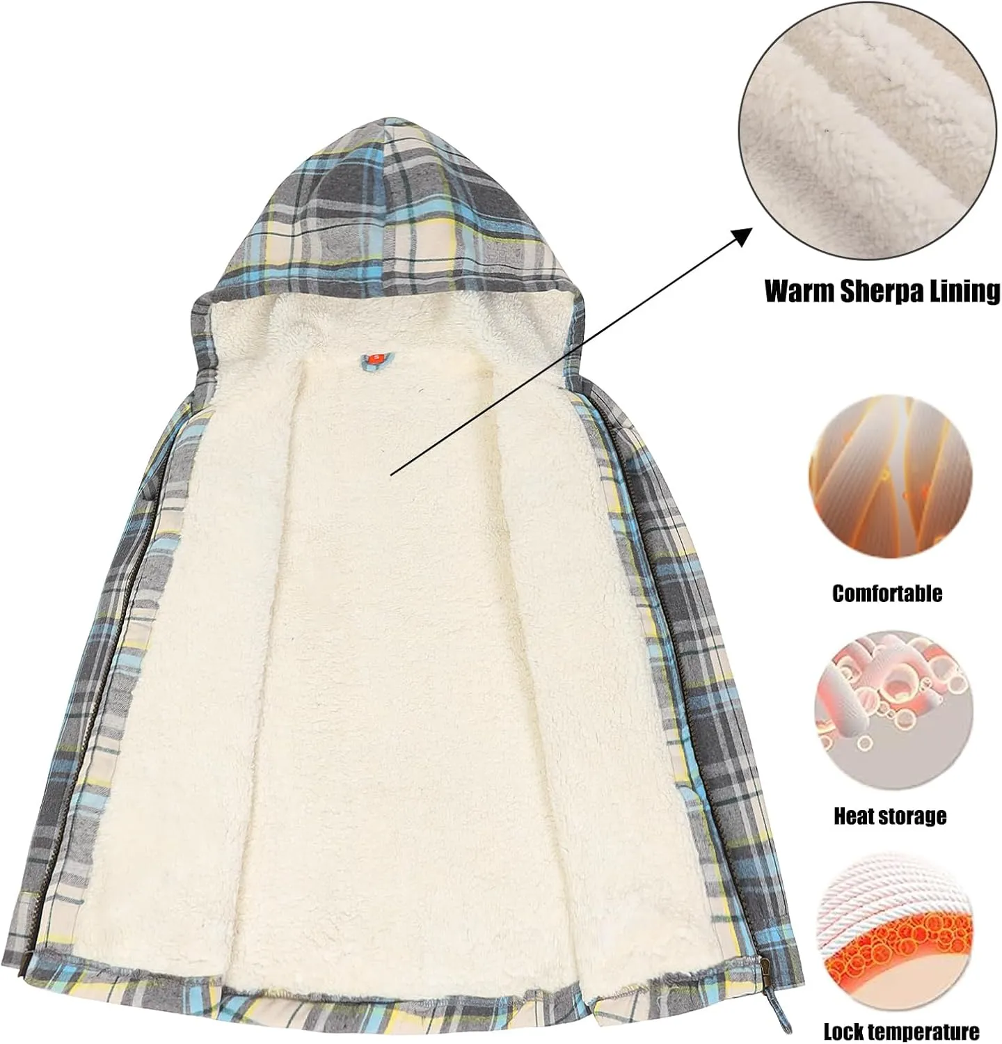 ThCreasa Girls Plaid Flannel Jacket Sherpa Fleece Lined Zip Up Winter Shirts with Hood
