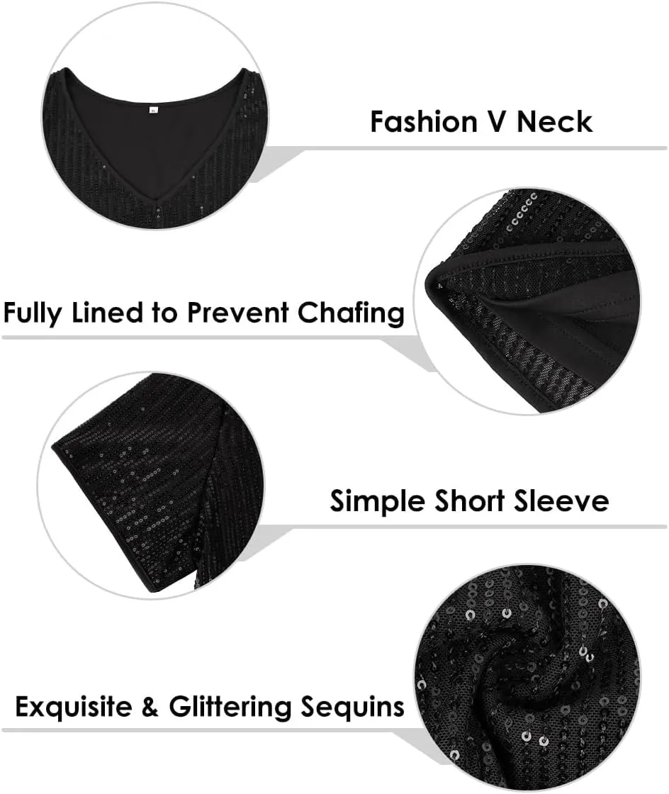 TIYOMI Plus Size Sequin Tops Short Sleeve Shirts for Women V-Neck Party Sparkly Tunics XL-5XL