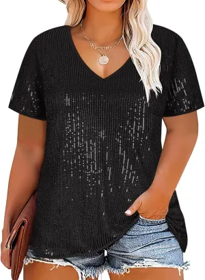 TIYOMI Plus Size Sequin Tops Short Sleeve Shirts for Women V-Neck Party Sparkly Tunics XL-5XL