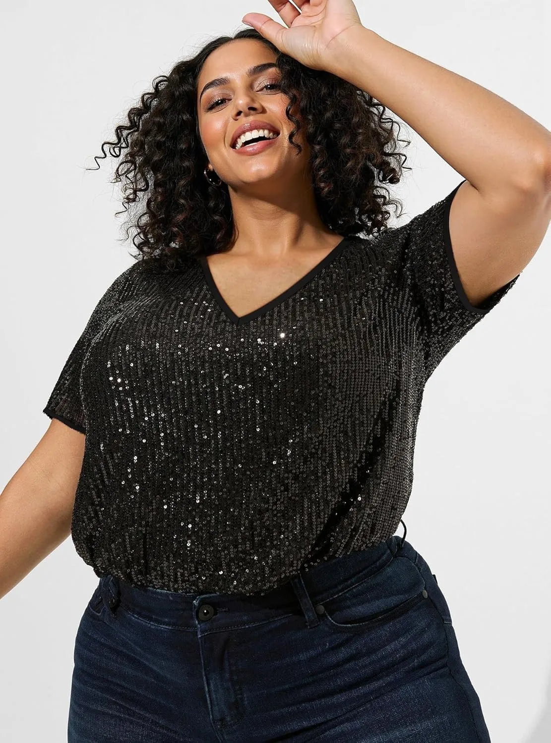 TIYOMI Plus Size Sequin Tops Short Sleeve Shirts for Women V-Neck Party Sparkly Tunics XL-5XL