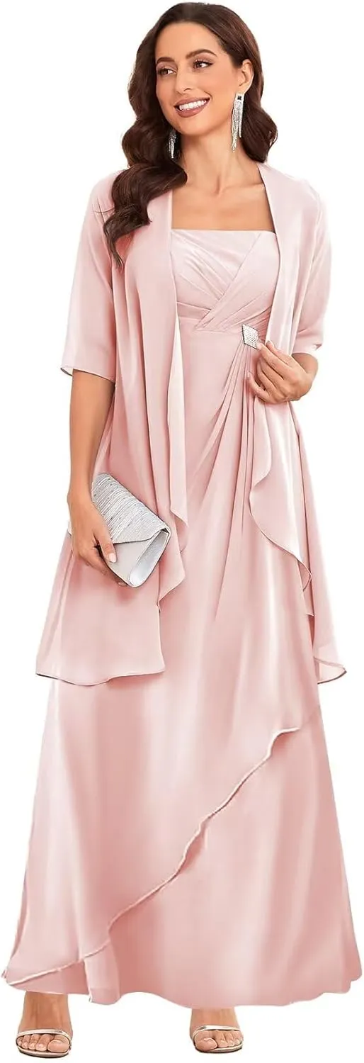 TORYEMY 2 Pieces Mother of The Bride Dresses with Jacket for Wedding Half Sleeve Long Chiffon Formal Evening Dresses