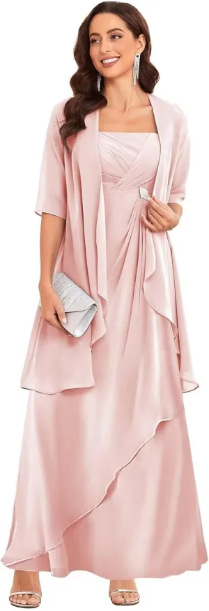 TORYEMY 2 Pieces Mother of The Bride Dresses with Jacket for Wedding Half Sleeve Long Chiffon Formal Evening Dresses