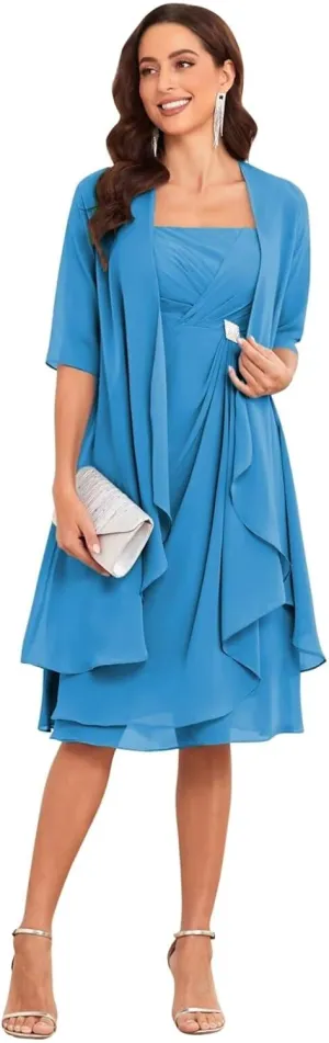 TORYEMY Mother of The Bride Dresses with Jacket 2 Pieces Half Sleeve Knee Length Chiffon Mother Groom Dress