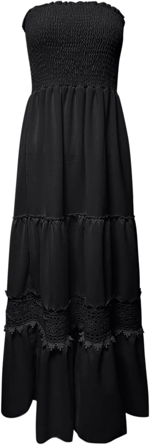 Tube Dresses For Women Maxi 2025 Summer Bohemian Strapless Sundress Off Shoulder Lace Trim Flowy A Line Beach Dress