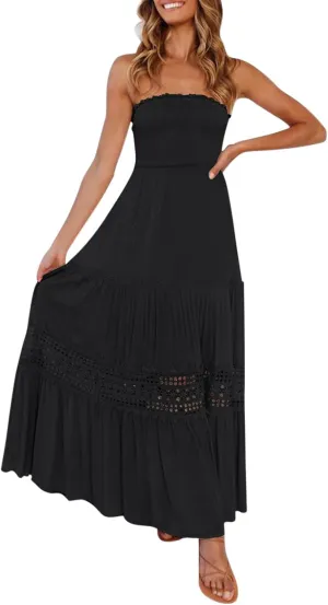 Tube Dresses For Women Maxi 2025 Summer Bohemian Strapless Sundress Off Shoulder Lace Trim Flowy A Line Beach Dress