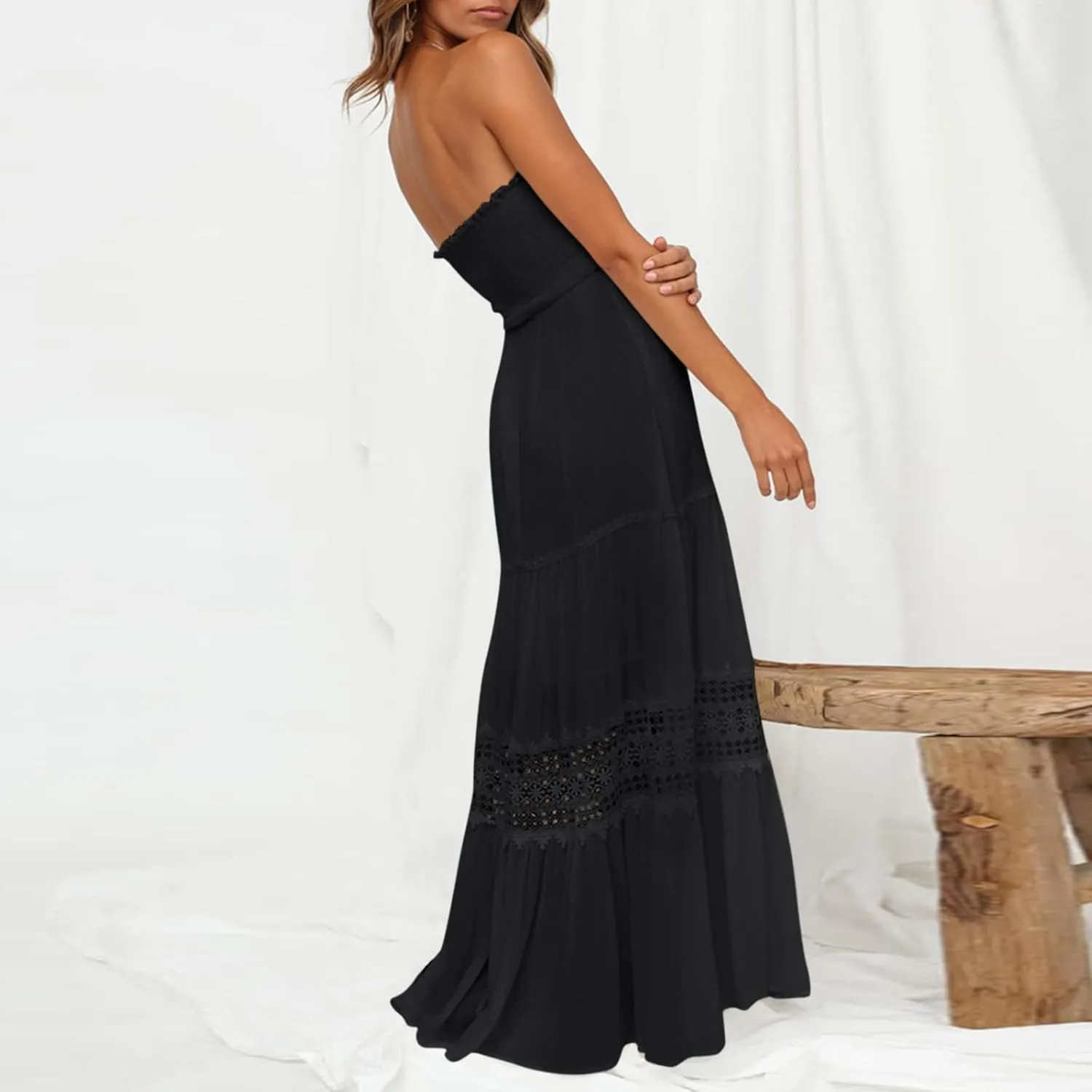 Tube Dresses For Women Maxi 2025 Summer Bohemian Strapless Sundress Off Shoulder Lace Trim Flowy A Line Beach Dress