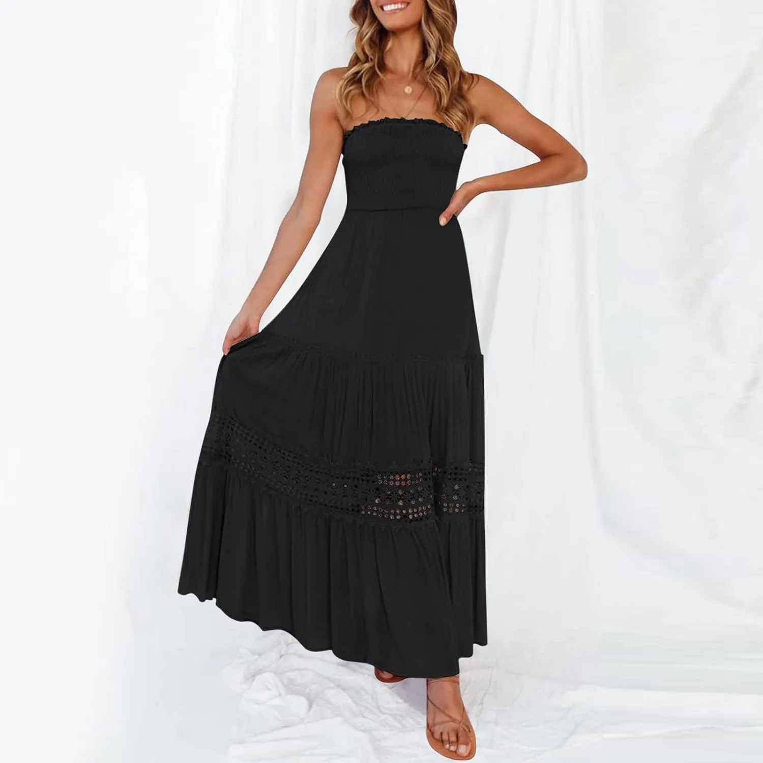 Tube Dresses For Women Maxi 2025 Summer Bohemian Strapless Sundress Off Shoulder Lace Trim Flowy A Line Beach Dress