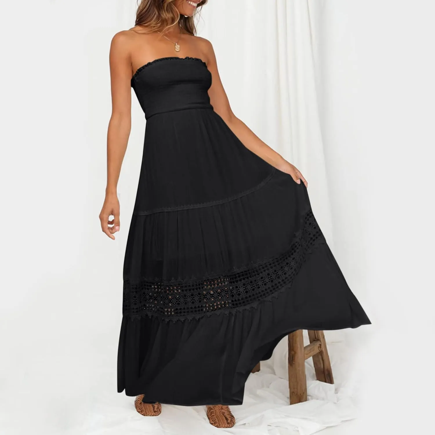 Tube Dresses For Women Maxi 2025 Summer Bohemian Strapless Sundress Off Shoulder Lace Trim Flowy A Line Beach Dress