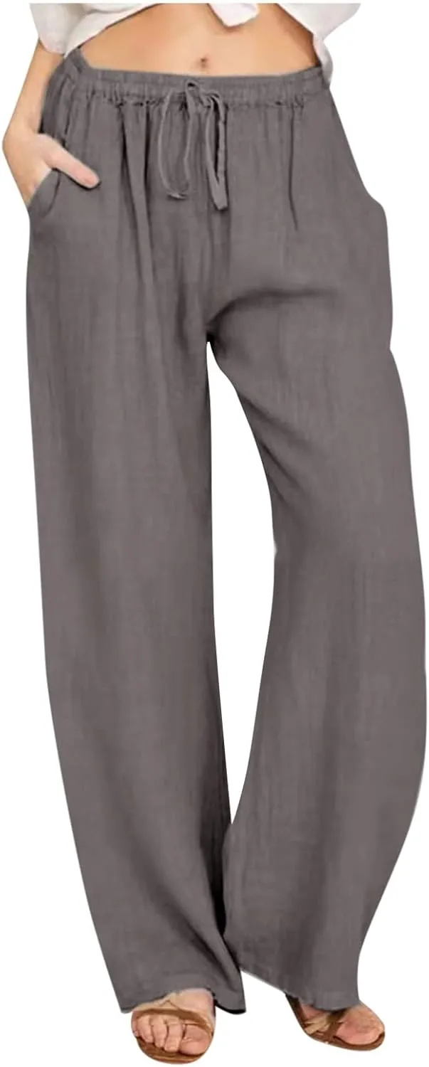 TUNUSKAT Womens Wide Leg Linen Pants Summer High Waist Cotton Palazzo Trousers Lounge Flowy Boho Slacks Beach Travel Outfits