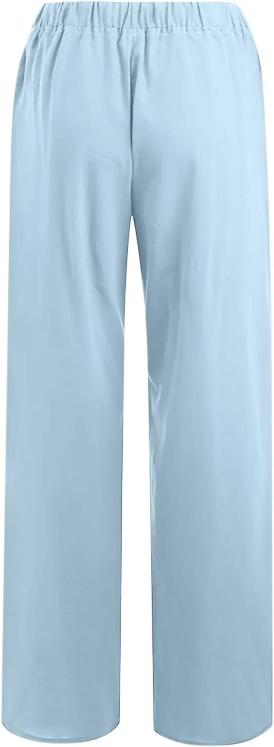 TUNUSKAT Womens Wide Leg Linen Pants Summer High Waist Cotton Palazzo Trousers Lounge Flowy Boho Slacks Beach Travel Outfits