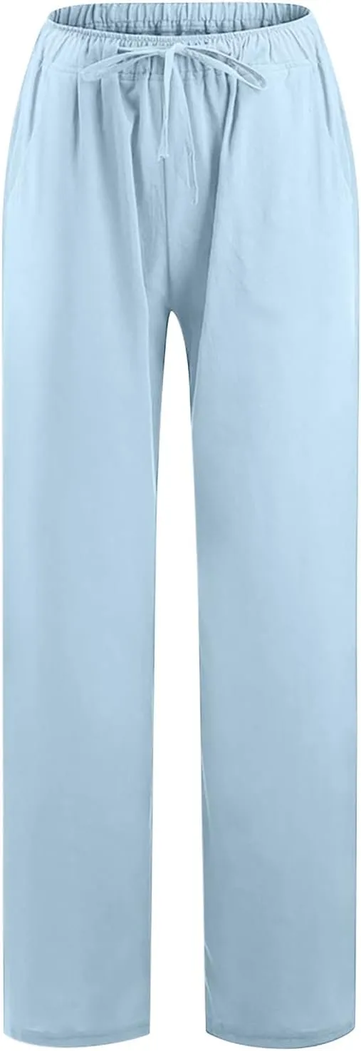 TUNUSKAT Womens Wide Leg Linen Pants Summer High Waist Cotton Palazzo Trousers Lounge Flowy Boho Slacks Beach Travel Outfits