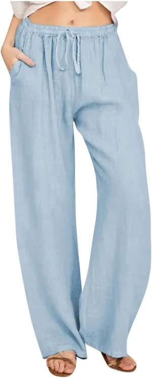 TUNUSKAT Womens Wide Leg Linen Pants Summer High Waist Cotton Palazzo Trousers Lounge Flowy Boho Slacks Beach Travel Outfits