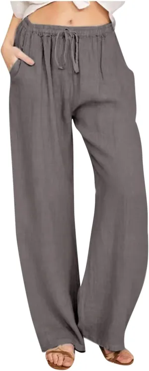 TUNUSKAT Womens Wide Leg Linen Pants Summer High Waist Cotton Palazzo Trousers Lounge Flowy Boho Slacks Beach Travel Outfits