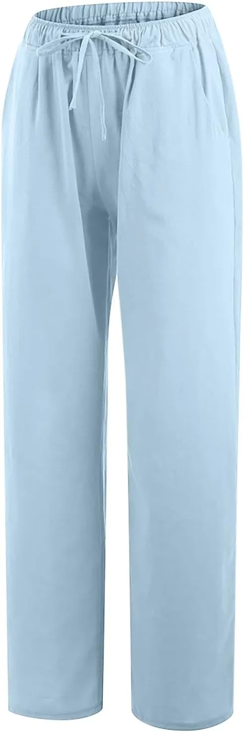 TUNUSKAT Womens Wide Leg Linen Pants Summer High Waist Cotton Palazzo Trousers Lounge Flowy Boho Slacks Beach Travel Outfits