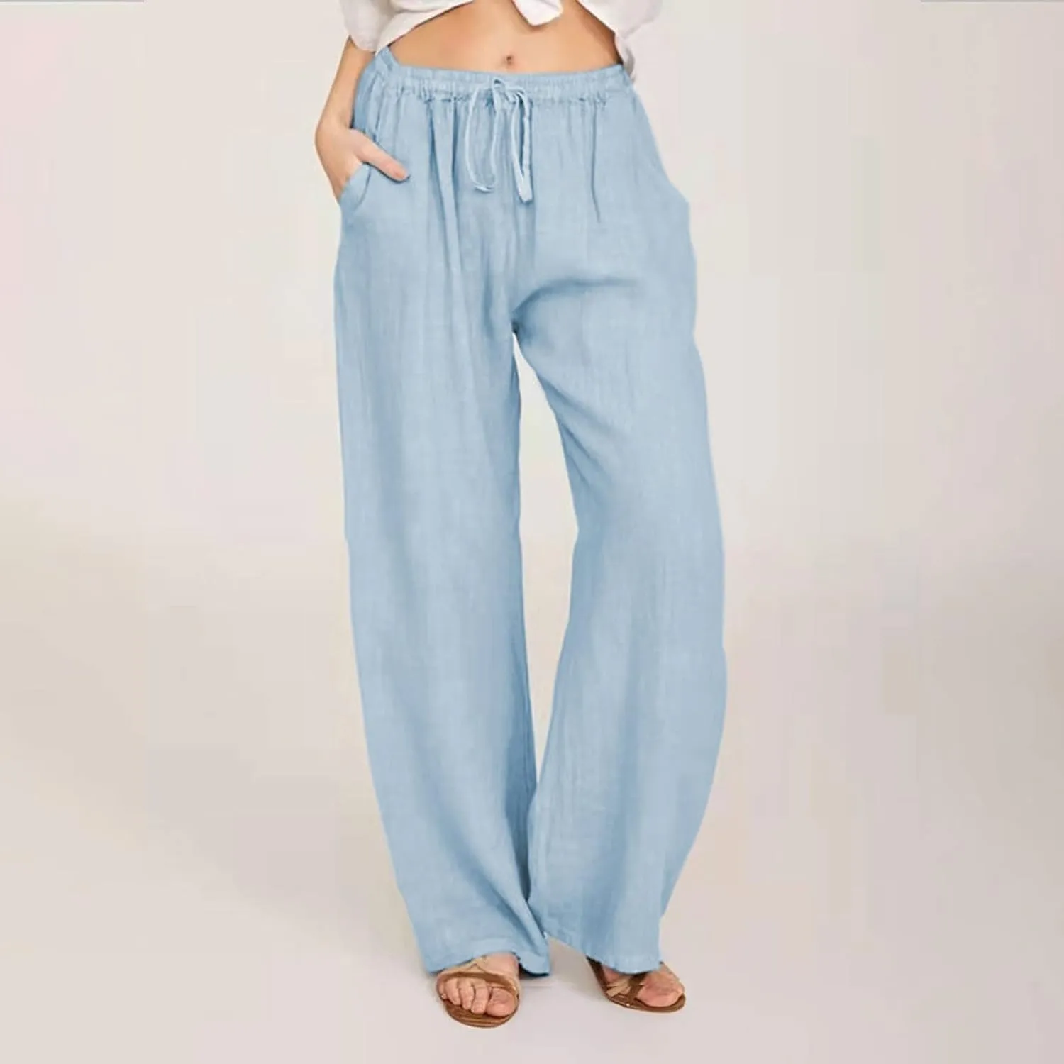 TUNUSKAT Womens Wide Leg Linen Pants Summer High Waist Cotton Palazzo Trousers Lounge Flowy Boho Slacks Beach Travel Outfits