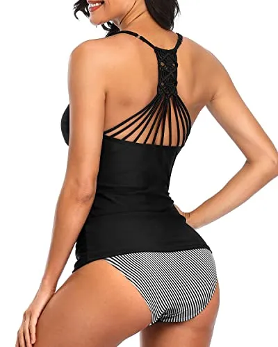 Two Piece Ruched Panel Tummy Control Swimsuits For Women-Black Stripe