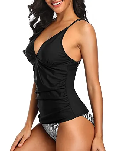Two Piece Ruched Panel Tummy Control Swimsuits For Women-Black Stripe