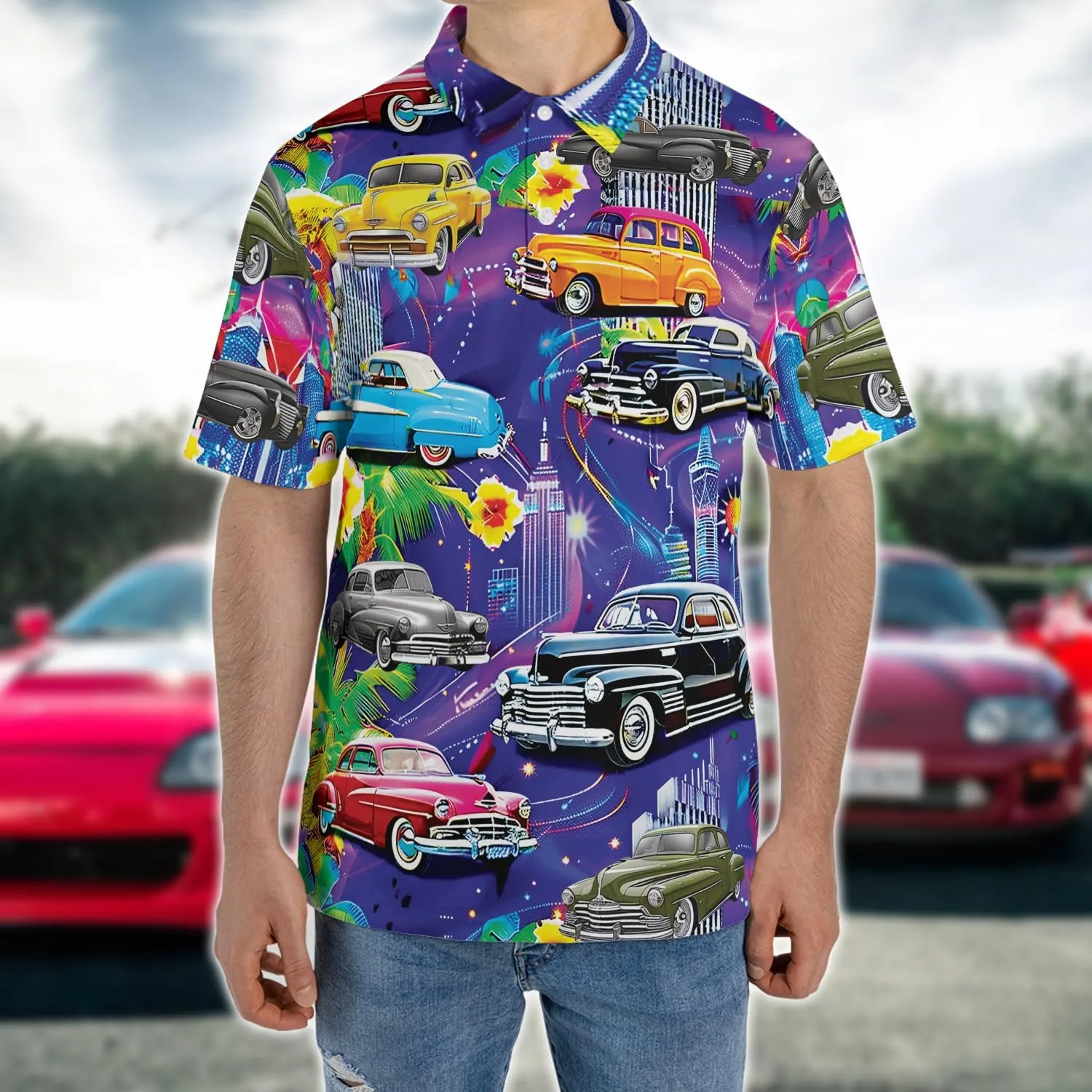 Vehicle Golf Shirt Men Funny Golf Polos for Men Dry Fit- Car Racing Golf Polo Shirts Hawaiian Polo Golf Outfits (MP_PL_39)