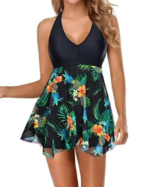 Vintage One Piece Bathing Suit Skirt For Big Busted Ladies-Black Pineapple