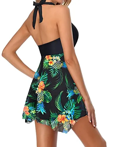 Vintage One Piece Bathing Suit Skirt For Big Busted Ladies-Black Pineapple