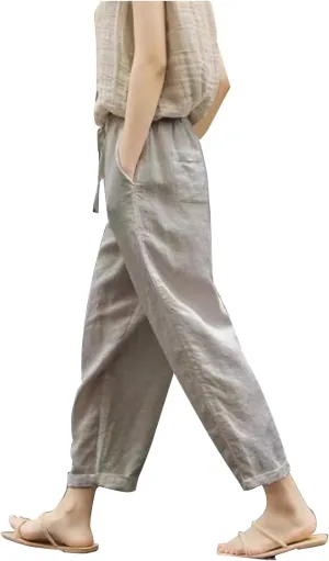 Wide Leg Baggy Pants for Women Summer Drawstring Cotton Linen Pants Beach Lounge Trousers with Pockets