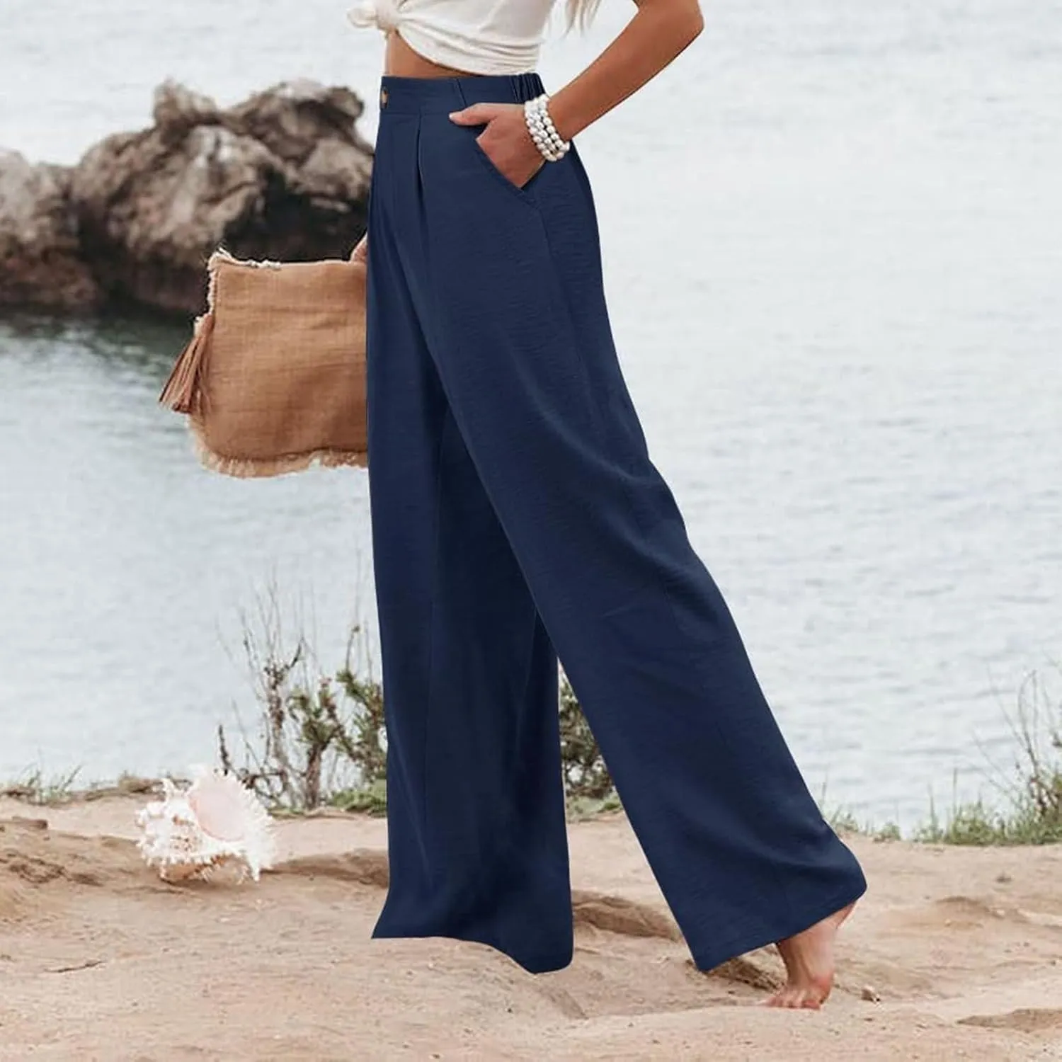 Wide Leg Dress Pants for Women High Waisted Business Casual Work Pants Comfy Baggy Pull On Trousers with Pockets