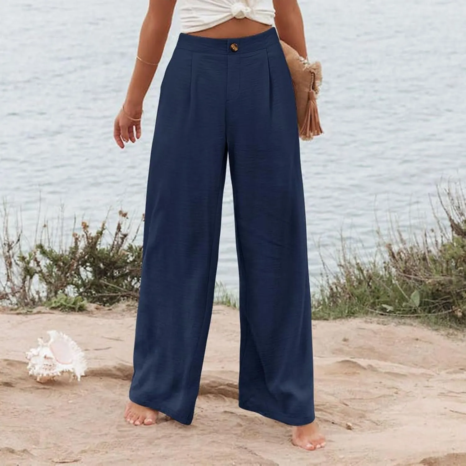 Wide Leg Dress Pants for Women High Waisted Business Casual Work Pants Comfy Baggy Pull On Trousers with Pockets