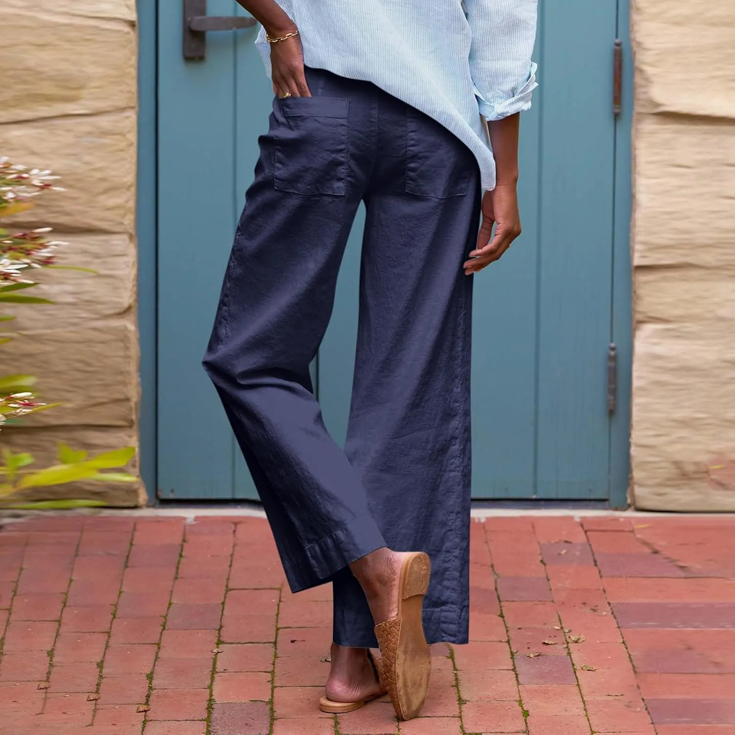 Wide Leg Linen Pants for Women Casual Summer High Waisted Work Cropped Pants Loose Business Trouser