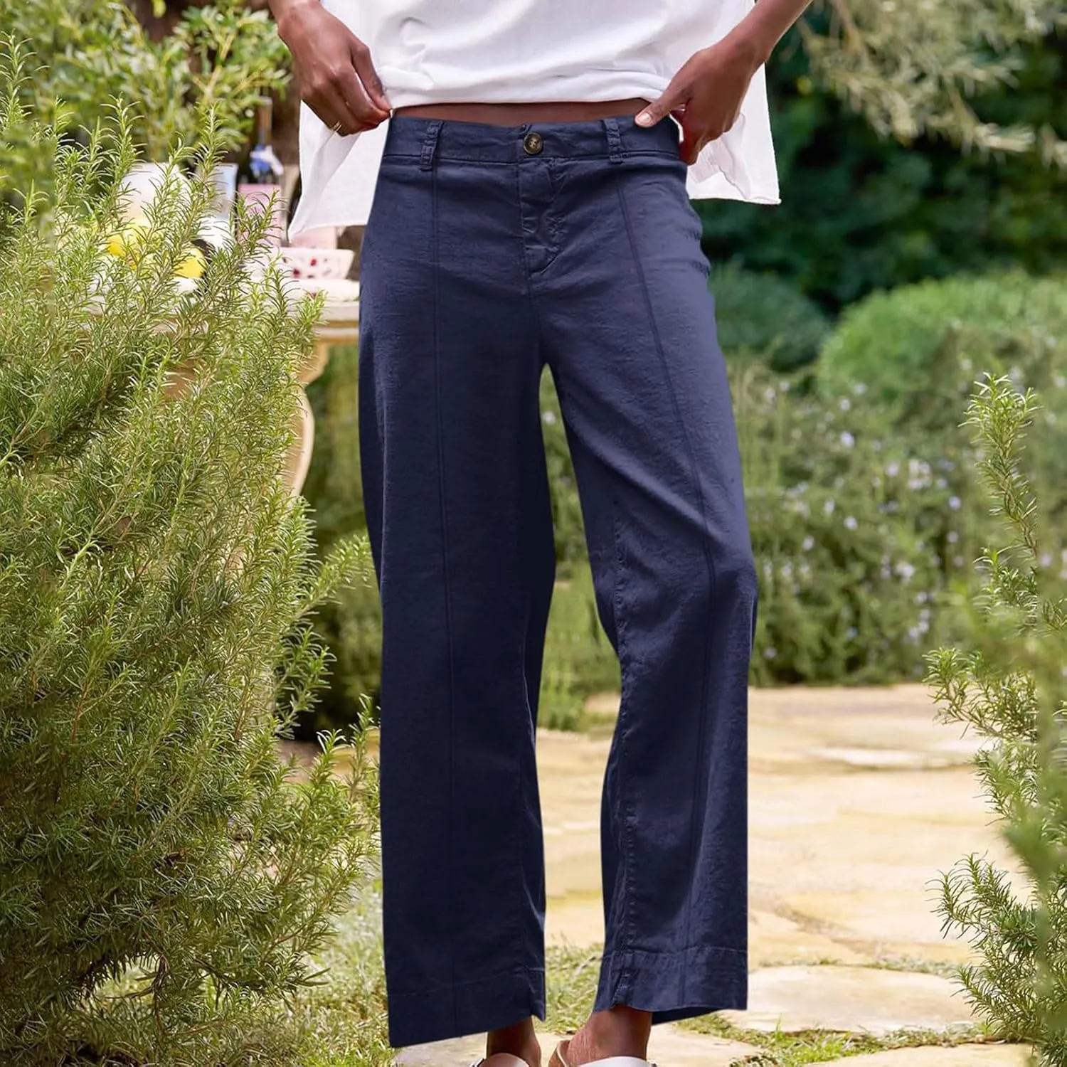 Wide Leg Linen Pants for Women Casual Summer High Waisted Work Cropped Pants Loose Business Trouser