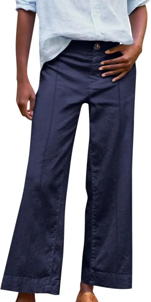 Wide Leg Linen Pants for Women Casual Summer High Waisted Work Cropped Pants Loose Business Trouser