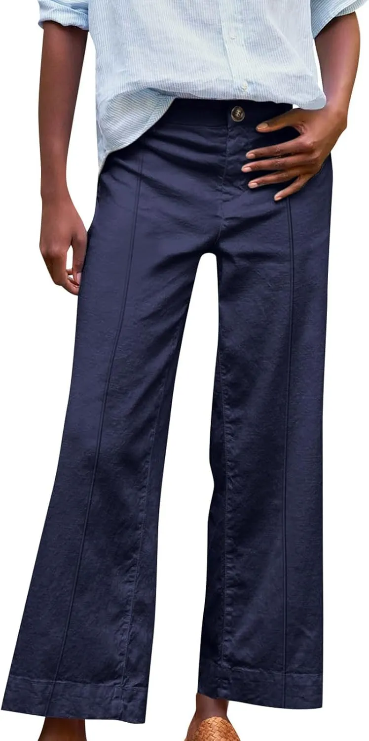 Wide Leg Linen Pants for Women Casual Summer High Waisted Work Cropped Pants Loose Business Trouser