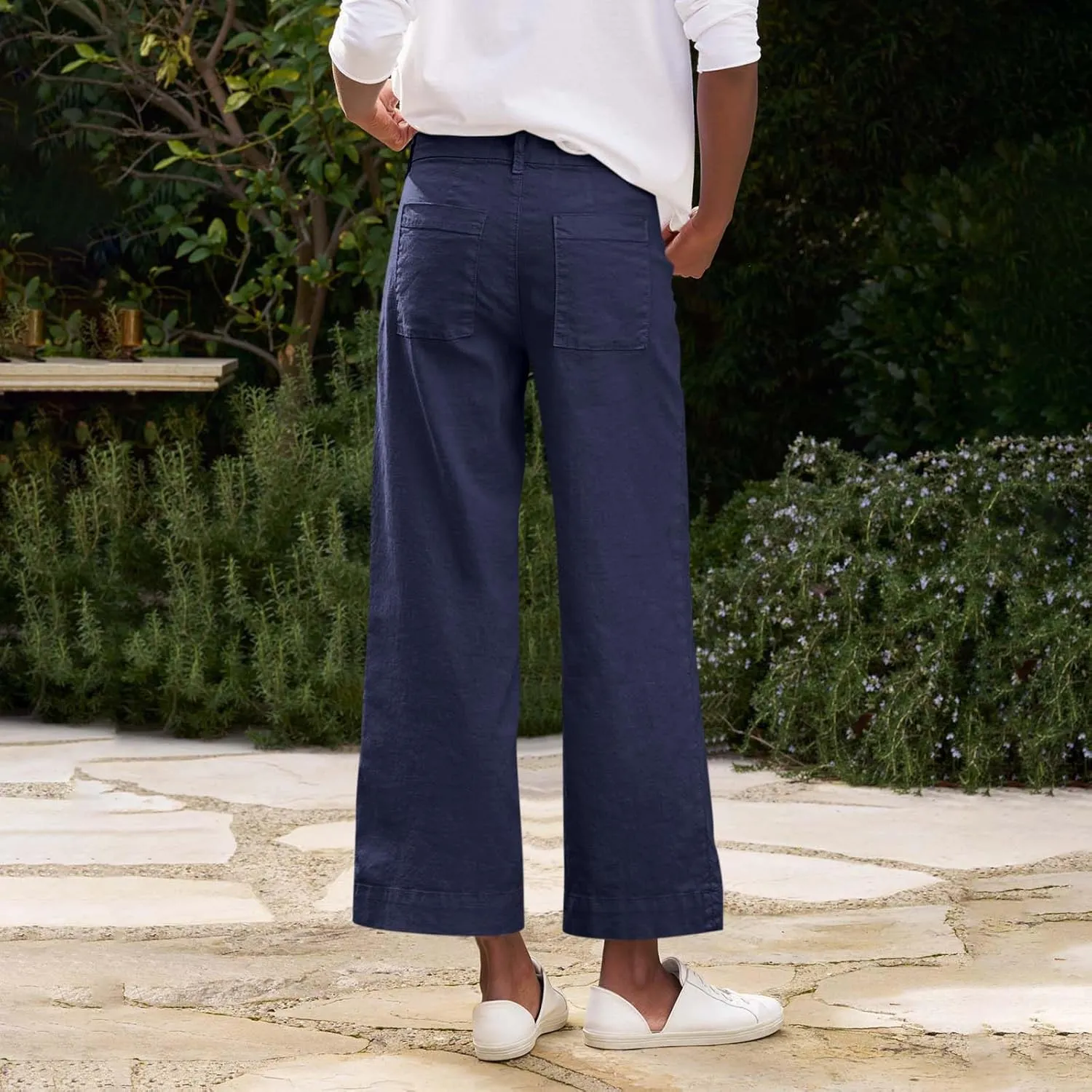 Wide Leg Linen Pants for Women Casual Summer High Waisted Work Cropped Pants Loose Business Trouser